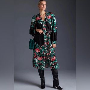 Anthropologie long sleeve midi floral black motif dress XS